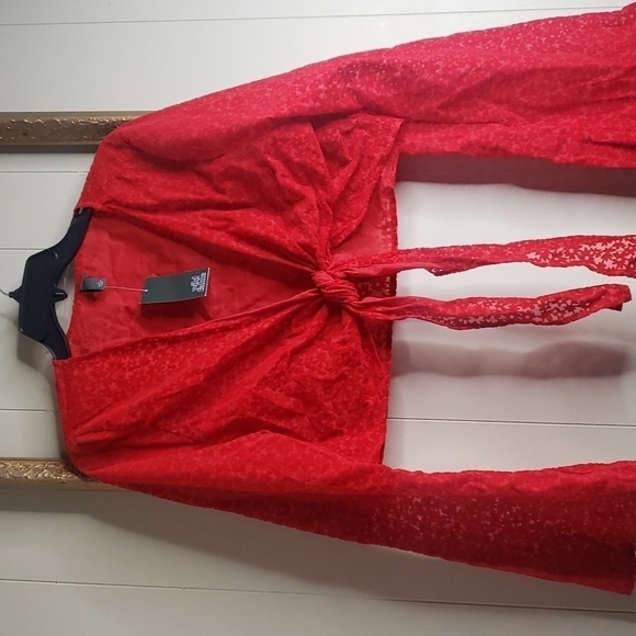 WILD Fable Women's Bell Long Sleeve Tie Front Top - Red Floral - Picture 3 of 10